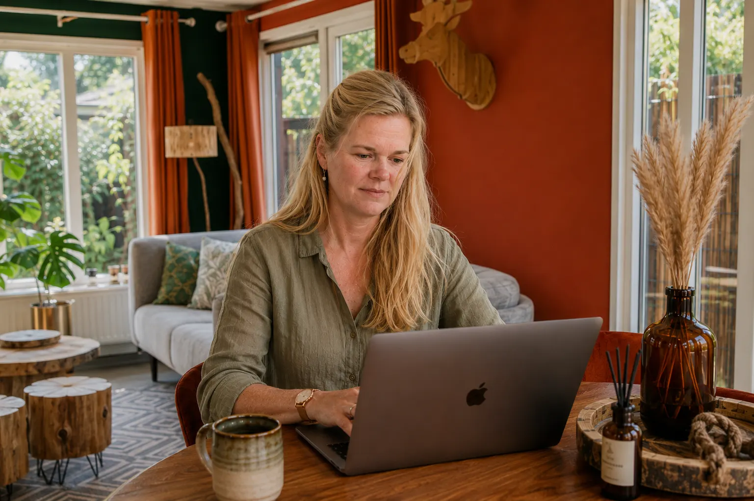 Sylvia werkt aan haar laptop